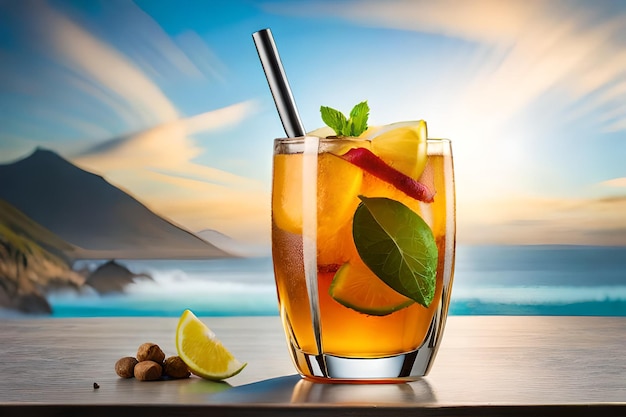 A glass of iced tea with a straw and some fruit on the table