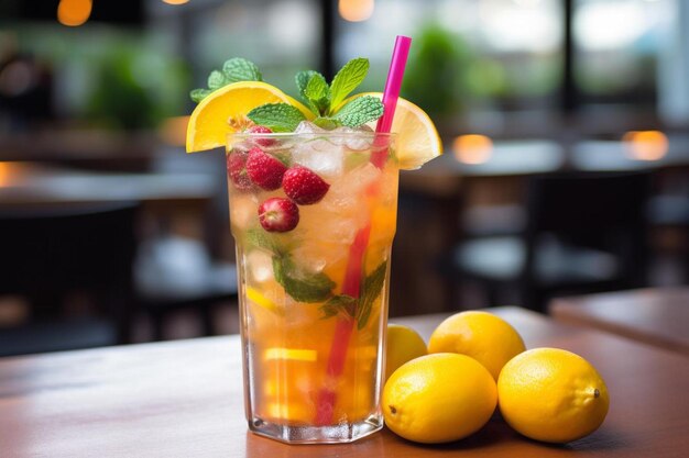 Photo a glass of iced tea with strawberries and strawberries on a table