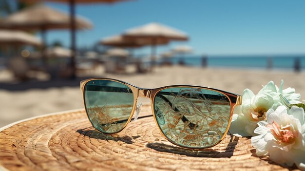 a glass of iced tea on a wooden table the sea is in the backgroundgenerative ai