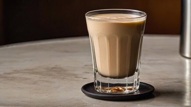 Photo glass of irish cream liqueur with creamy swirl on wooden table