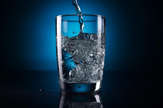 A glass is being filled with fresh water Healthy lifestyle concept Blue backdrop Generative AI