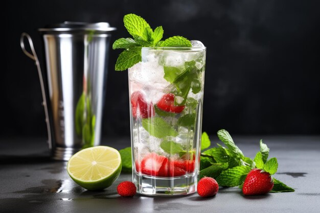 Foto un bicchiere viene riempito con un rinfrescante cocktail mojito contenente lime, menta, fragola e set di ghiaccio