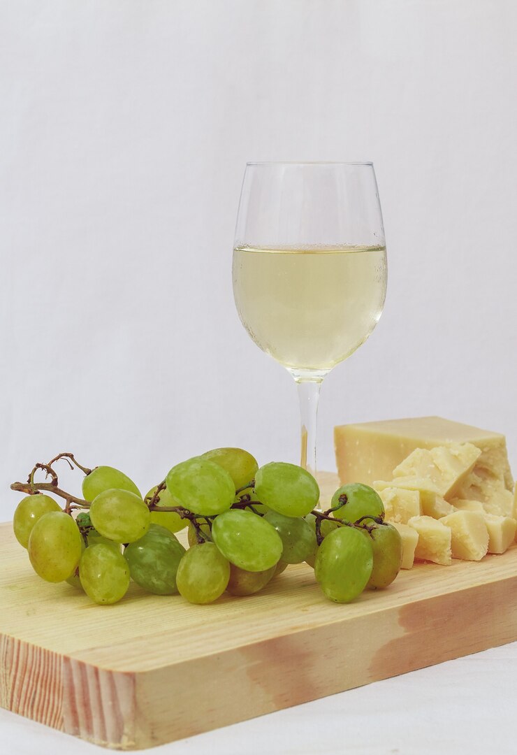 A glass of Italian white wine served with parmesan and grapes on a wooden cutting board with a white background