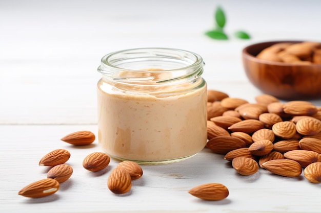 glass jar of almond butter on wooden background