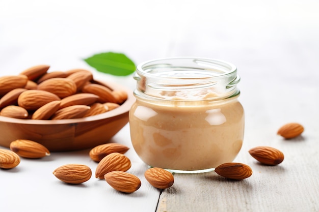 glass jar of almond butter on wooden background