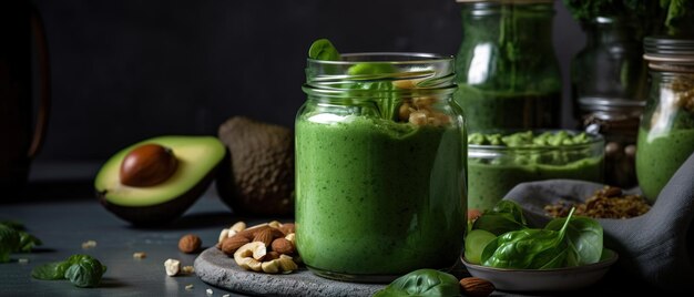 A glass jar of avocado smoothie with a green liquid in it.