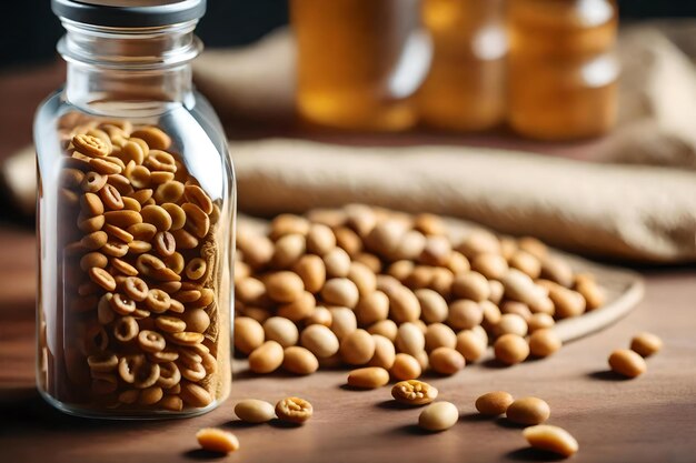 A glass jar of beans with a glass jar of coffee on the table.