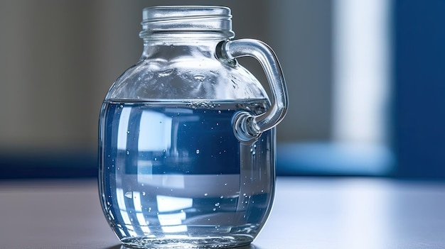 Foto un barattolo di vetro di liquido blu si trova su un tavolo.