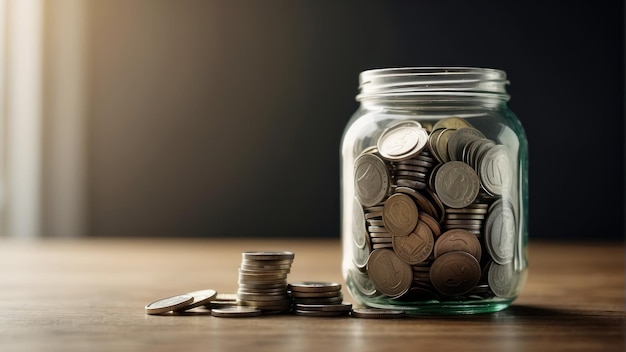 Photo glass jar filled with coins and dollars