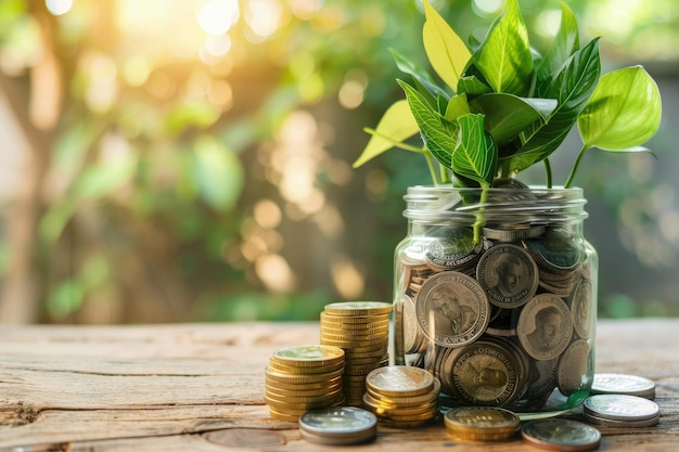 A glass jar filled with coins and a plant