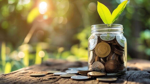 A glass jar filled with coins and a small plant growing out of it The jar is sitting on a wooden table with a blurred background of green leaves
