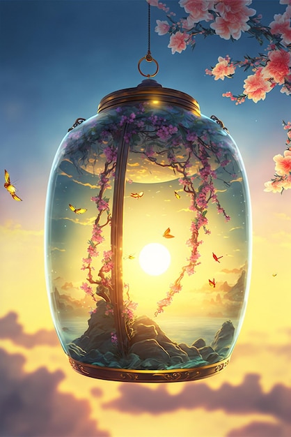 Glass jar filled with flowers and butterflies generative ai