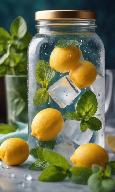 A glass jar filled with fresh lemons and ice cubes creating a refreshing and citrusy drink