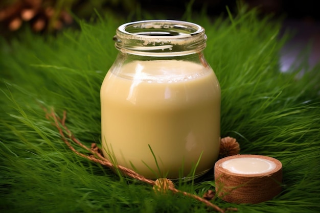 Glass jar filled with freshly made eggnog on grass created with generative ai