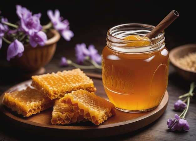 Glass jar filled with golden honey