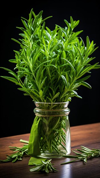 a glass jar filled with green plants on a table
