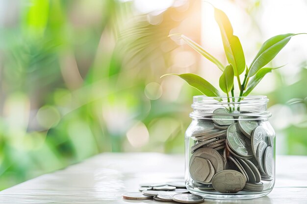 A glass jar filled with money sitting on top of a table