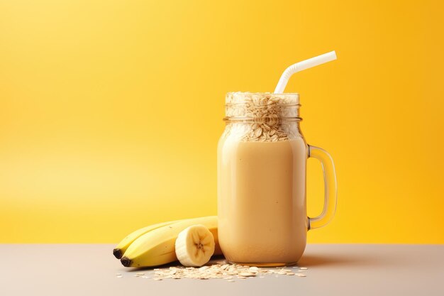 Glass jar filled with a nutritious vegan smoothie made from bananas and oatmeal set against a brigh