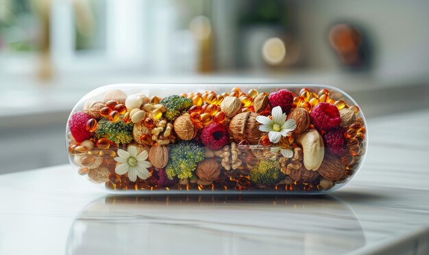 Glass jar filled with nuts seeds dried fruits and flowers