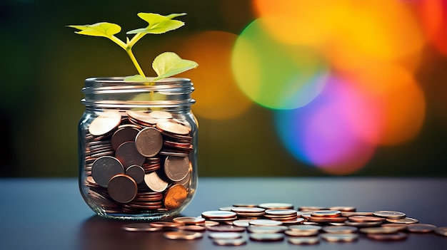 A glass jar filled with pennies sits on a table A small plant