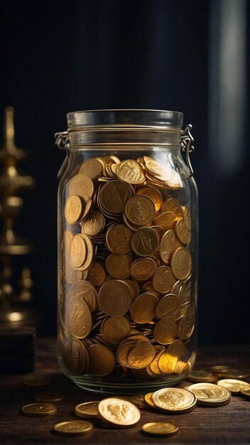 Photo a glass jar full of gold coin for money saving financial concept