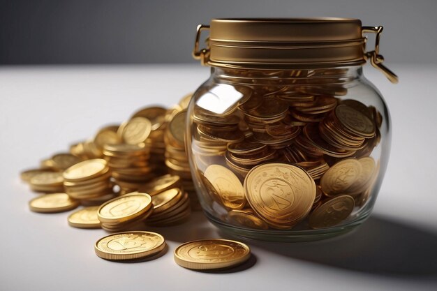 Photo a glass jar full of gold coin for money saving financial concept