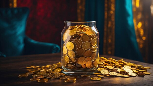 Photo a glass jar full of gold coin for money saving financial concept