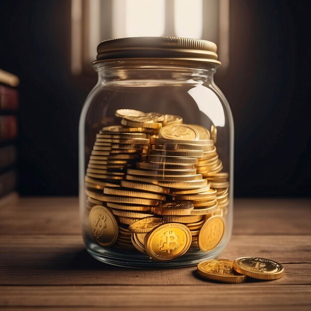 Photo a glass jar full of gold coin for money saving financial concept