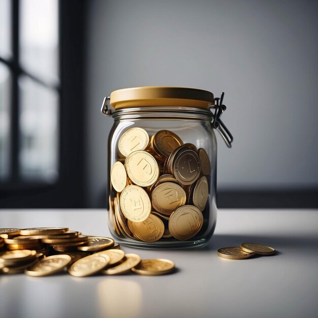 Photo a glass jar full of gold coin for money saving financial concept