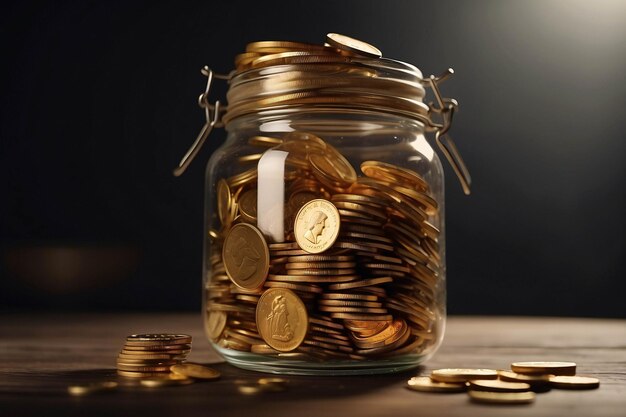 A Glass Jar Full of Gold Coin for Money Saving Financial Concept