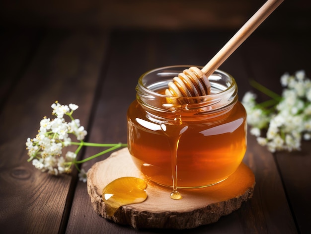 glass jar full of honey and dipper natural ecological useful product