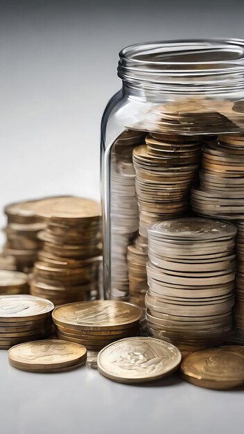 Glass jar full of money in front of decreasing stacked coins against white background