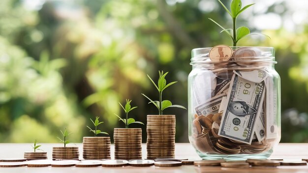 Glass jar full of money in front of decreasing stacked coins