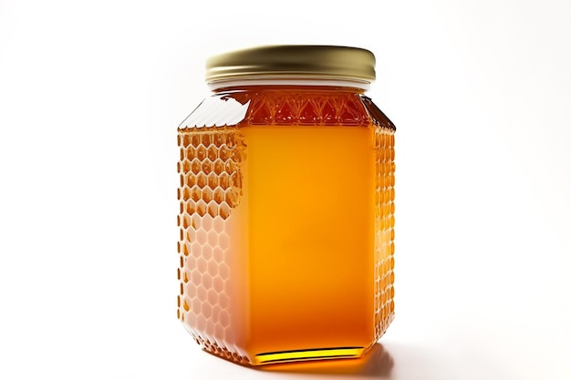 Glass jar full of sweet honey isolated on white background