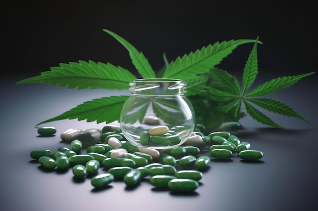 A glass jar of hemp oil sits on a black table next to a glass jar with green leaves.