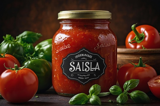 Glass Jar of Homemade Salsa with Label