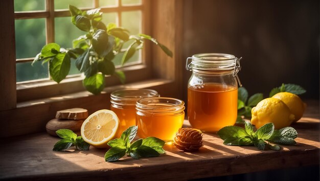 Photo glass jar honey lemon on the table golden delicious kitchen aroma recipe season seasona