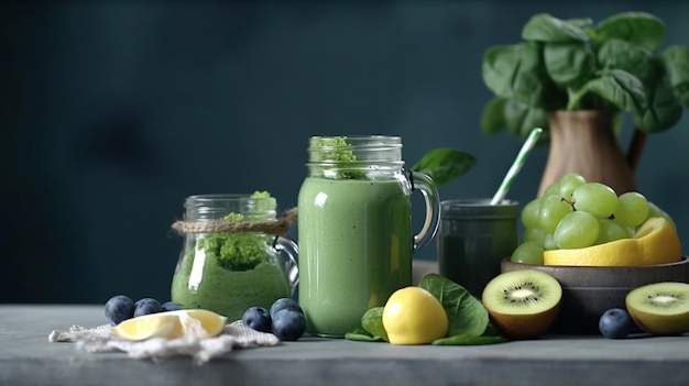 Glass jar mugs with green health smoothie AI generated image