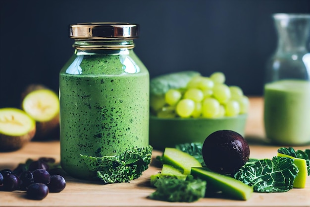 Glass jar mugs with green health smoothie kale leaveslimeapplekiwigrapesbananaavocadolettuce