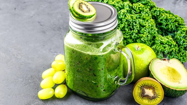 Glass jar mugs with green health smoothie