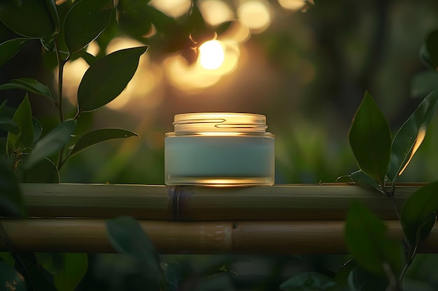 a glass jar of natural skincare cream on a bamboo pedestal glowing sunset in the background