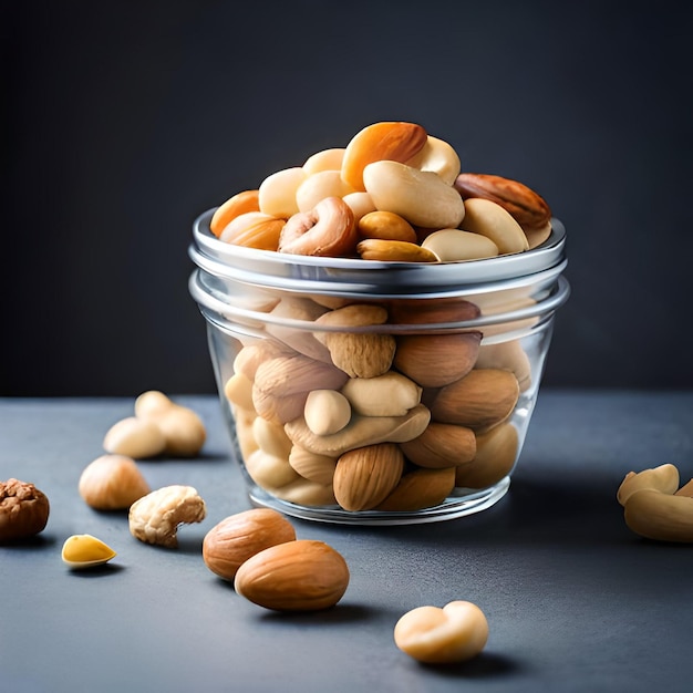 A glass jar of nuts is filled with nuts and nuts.