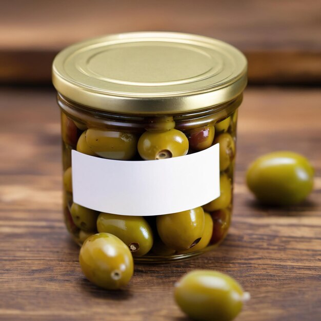 Фото Модель стеклянной банки с оливками, пустая пустая упаковка генерического продукта