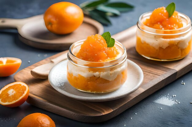 Photo a glass jar of oranges with a green leaf on the top.