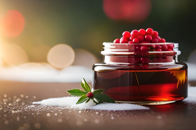 a glass jar of raspberry jam with a branch in the background.