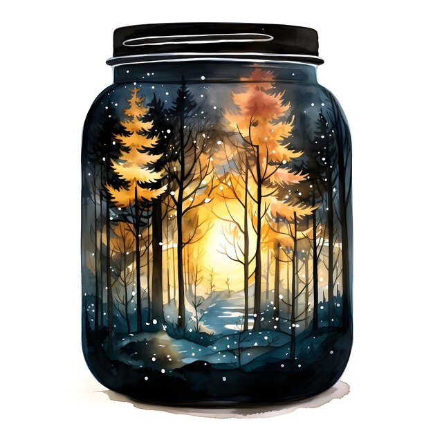 Photo glass jar scenery forest with trees in night watercolor illustration