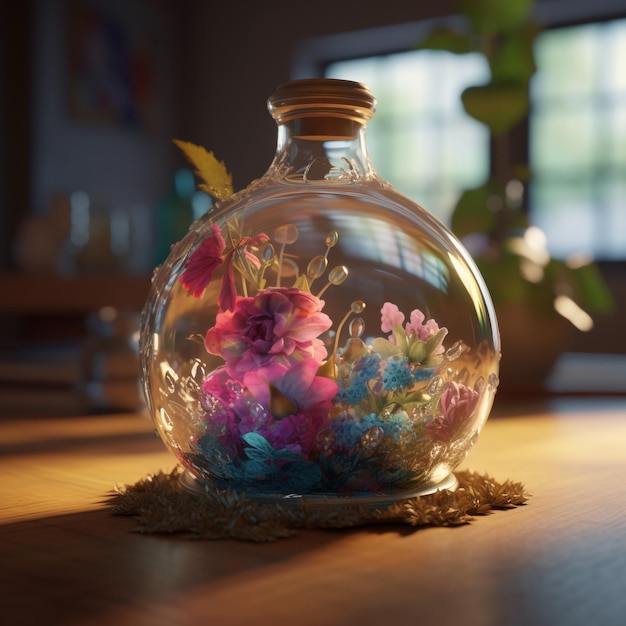 a glass jar shaped as genie bottle terrarium filled with flowering plants highly detailed