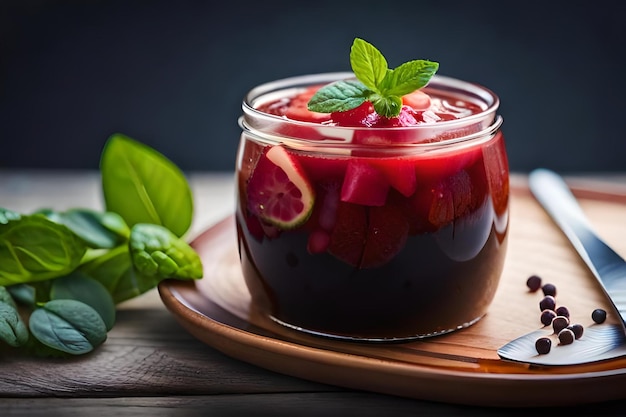 a glass jar of strawberry jam with mint leaves and a spoon.