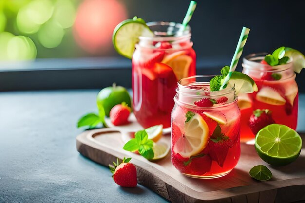 Photo a glass jar of strawberry jam with strawberries on it.