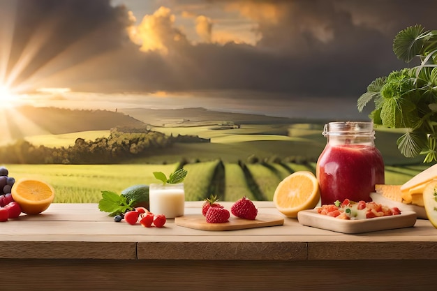 a glass jar of strawberry juice with a sunset in the background